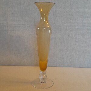 RARE VTG Tall Amber Fluted Glass Vase with Etched Grape and Vines Detail
